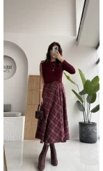 Eliza Asimetrik Kesim Ekose Desenli Etek - Bordo