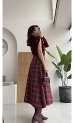 Eliza Asimetrik Kesim Ekose Desenli Etek - Bordo