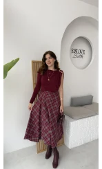 Eliza Asimetrik Kesim Ekose Desenli Etek - Bordo