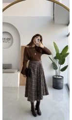 Eliza Asimetrik Kesim Ekose Desenli Etek - Kahverengi