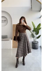 Eliza Asimetrik Kesim Ekose Desenli Etek - Kahverengi