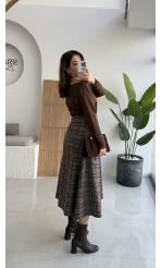 Eliza Asimetrik Kesim Ekose Desenli Etek - Kahverengi