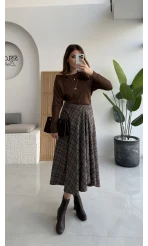 Eliza Asimetrik Kesim Ekose Desenli Etek - Kahverengi