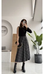 Eliza Asimetrik Kesim Ekose Desenli Etek - Siyah