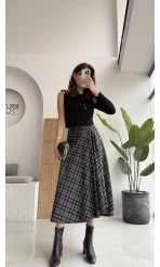 Eliza Asimetrik Kesim Ekose Desenli Etek - Siyah