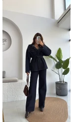 Ellie Kuşaklı Denim Ceket Pantolon Takım - Mavi