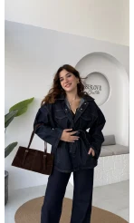 Ellie Kuşaklı Denim Ceket Pantolon Takım - Mavi