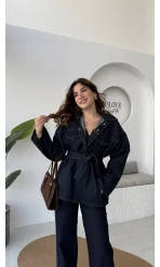 Ellie Kuşaklı Denim Ceket Pantolon Takım - Mavi
