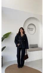 Ellie Kuşaklı Denim Ceket Pantolon Takım - Mavi