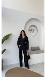 Ellie Kuşaklı Denim Ceket Pantolon Takım - Mavi
