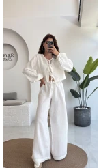 Elsa Pamuk Kumaş Bluz - Pantolon Takım - Beyaz - 42501 - 42601
