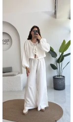 Elsa Pamuk Kumaş Bluz - Pantolon Takım - Beyaz - 42501 - 42601