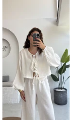 Elsa Pamuk Kumaş Bluz - Pantolon Takım - Beyaz - 42501 - 42601