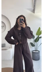 Elsa Pamuk Kumaş Bluz - Pantolon Takım - Kahve - 42502 - 42602