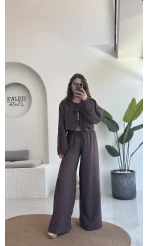 Elsa Pamuk Kumaş Bluz - Pantolon Takım - Kahve - 42502 - 42602