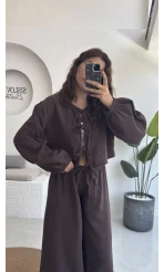 Elsa Pamuk Kumaş Bluz - Pantolon Takım - Kahve - 42502 - 42602