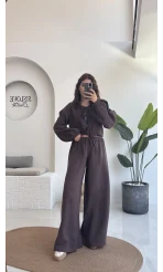 Elsa Pamuk Kumaş Bluz - Pantolon Takım - Kahve - 42502 - 42602