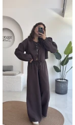 Elsa Pamuk Kumaş Bluz - Pantolon Takım - Kahve - 42502 - 42602