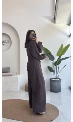 Elsa Pamuk Kumaş Bluz - Pantolon Takım - Kahve - 42502 - 42602