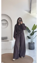 Elsa Pamuk Kumaş Bluz - Pantolon Takım - Kahve - 42502 - 42602