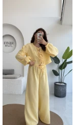 Elsa Pamuk Kumaş Bluz - Pantolon Takım - Sarı - 42503 - 42603