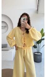 Elsa Pamuk Kumaş Bluz - Pantolon Takım - Sarı - 42503 - 42603