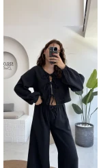 Elsa Pamuk Kumaş Bluz - Pantolon Takım - Siyah - 42504 - 42604