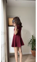 Eteği Pileli Parçalı Kısa Elbise Bordo