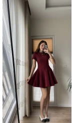 Eteği Pileli Parçalı Kısa Elbise Bordo