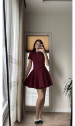 Eteği Pileli Parçalı Kısa Elbise Bordo