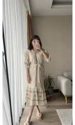 Etnik Desenli Nakış Detay Bej Elbise