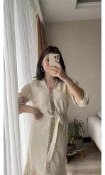 Etnik Desenli Nakış Detay Bej Elbise