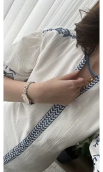 Etnik Desenli Nakış Detay Beyaz Elbise