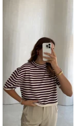 Everly Çizgili Triko Bluz - Mürdüm - Kod: 5439