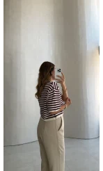 Everly Çizgili Triko Bluz - Mürdüm - Kod: 5439