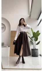 Fancy Kemerli Yırtmaçlı Midi Etek - Acı Kahve