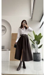 Fancy Kemerli Yırtmaçlı Midi Etek - Acı Kahve