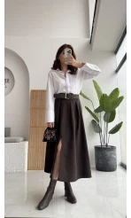 Fancy Kemerli Yırtmaçlı Midi Etek - Acı Kahve