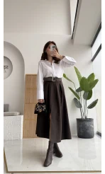 Fancy Kemerli Yırtmaçlı Midi Etek - Acı Kahve