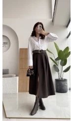 Fancy Kemerli Yırtmaçlı Midi Etek - Acı Kahve