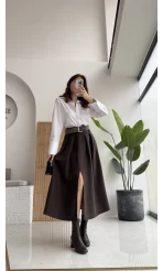 Fancy Kemerli Yırtmaçlı Midi Etek - Acı Kahve