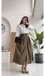 Fancy Kemerli Yırtmaçlı Midi Etek - Haki