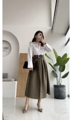 Fancy Kemerli Yırtmaçlı Midi Etek - Haki