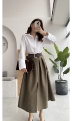 Fancy Kemerli Yırtmaçlı Midi Etek - Haki