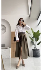 Fancy Kemerli Yırtmaçlı Midi Etek - Haki