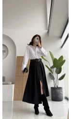 Fancy Kemerli Yırtmaçlı Midi Etek - Siyah