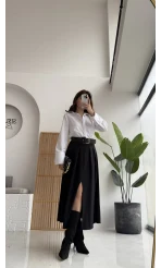 Fancy Kemerli Yırtmaçlı Midi Etek - Siyah