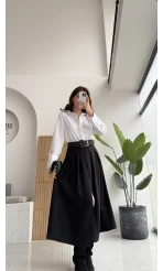 Fancy Kemerli Yırtmaçlı Midi Etek - Siyah