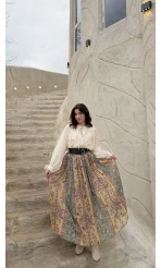 Faylinn Kemerli Baskılı Etek - Yeşil - Kod: 3374