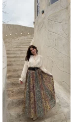 Faylinn Kemerli Baskılı Etek - Yeşil - Kod: 3374